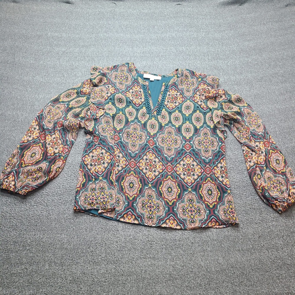 Loft Blouse Womens Small Teal Red Medallion Ruffle Split Neck Long‎ Sleeve